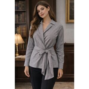 Lafayette 148‎ New York Gingham Cotton Tie Waist Blouse Black White Size 4